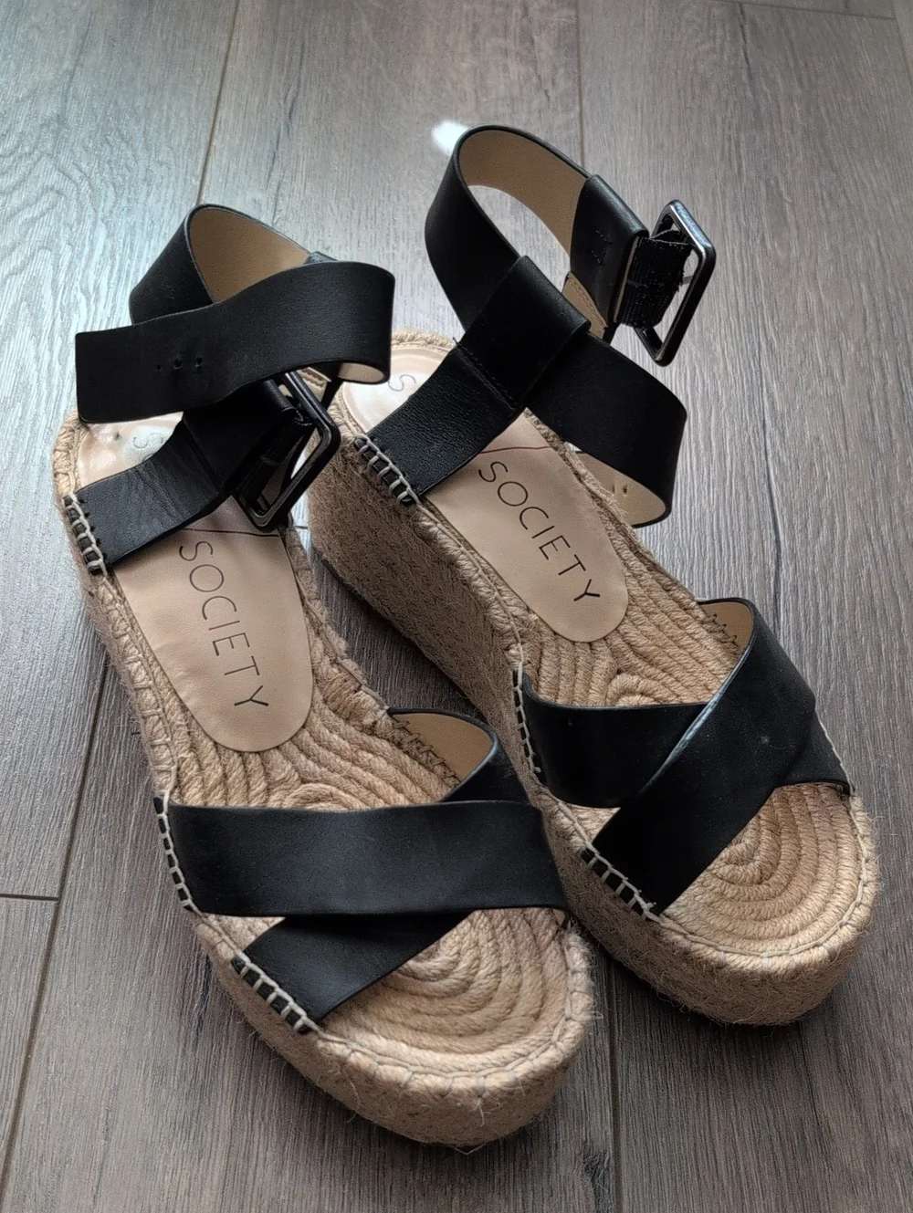 Society Black Espadrille Platform Sandals with Ankle Buckle